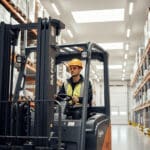 Operario con carretilla en almacén