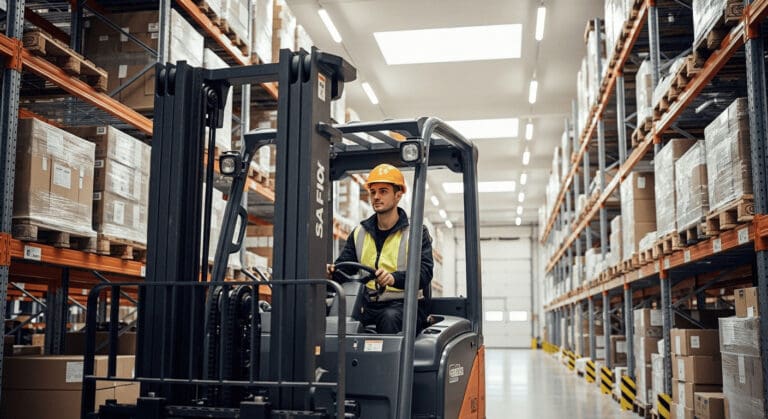 Operario con carretilla en almacén